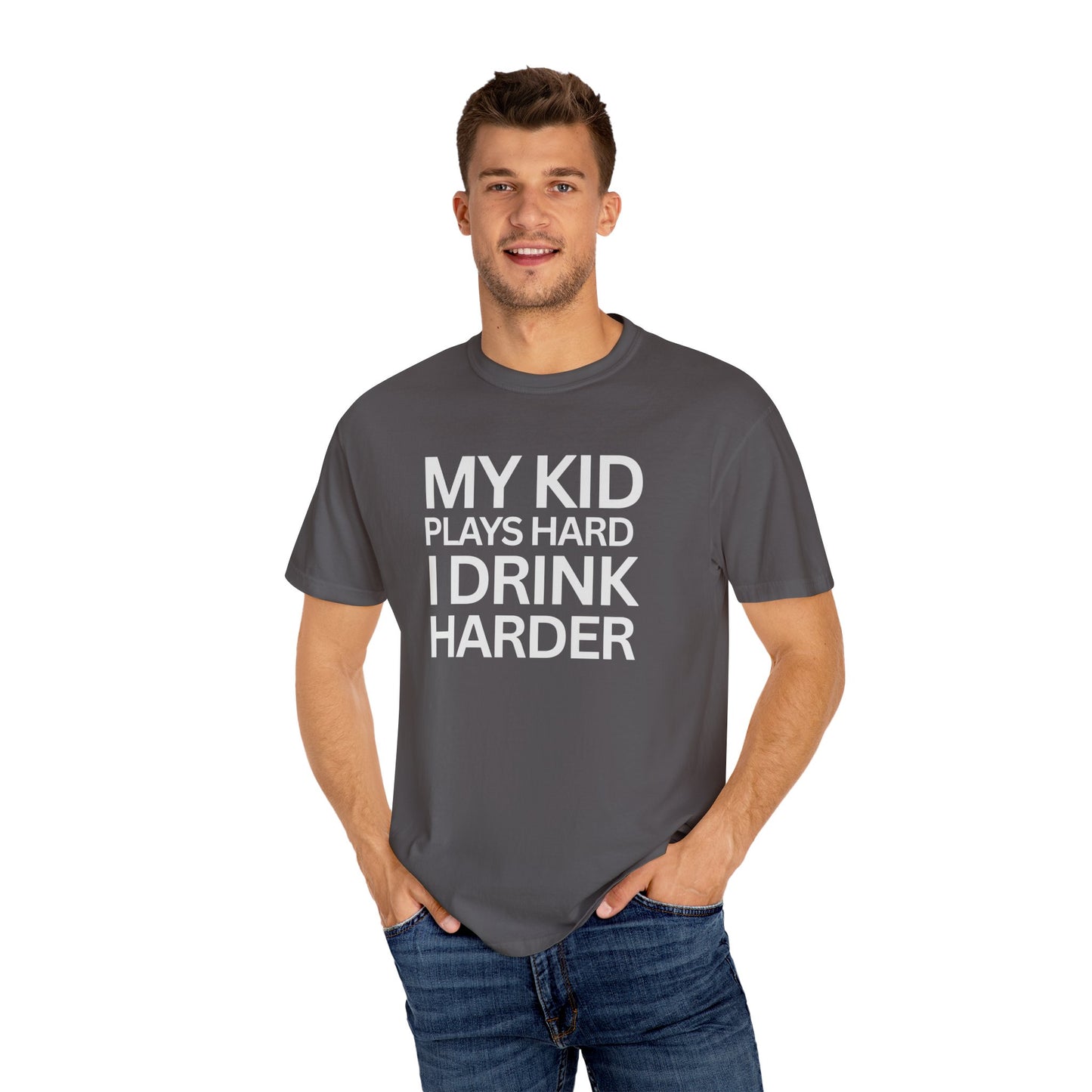 Humorous Parent T-Shirt - My Kid Plays Hard I Drink Harder, Funny Dad Shirt, Gift for Moms, Parenting Humor Tee, Unisex T-Shirt
