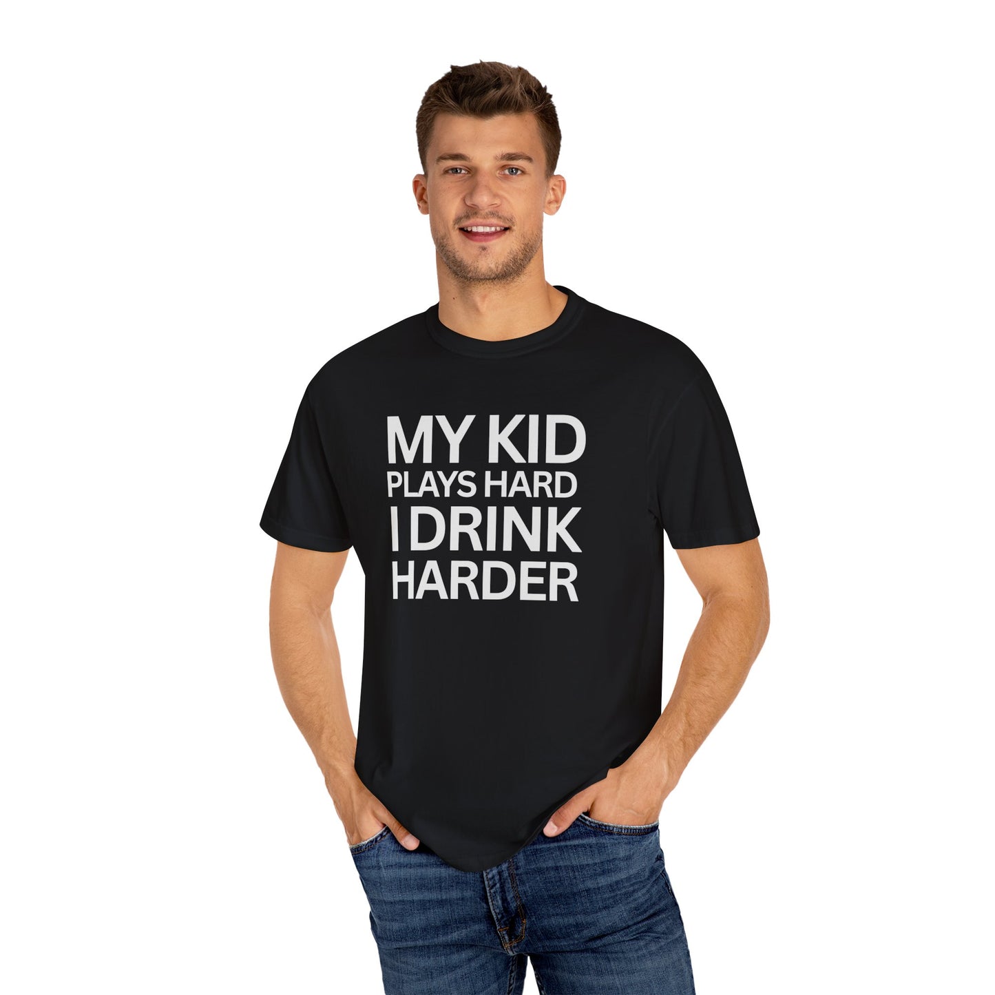 Humorous Parent T-Shirt - My Kid Plays Hard I Drink Harder, Funny Dad Shirt, Gift for Moms, Parenting Humor Tee, Unisex T-Shirt